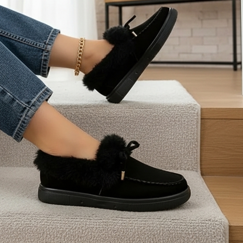 Bow Top Plush Faux Fur Loafers Slip-On Moccasin Soft Flat Outdoor House Shoes